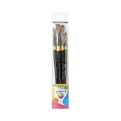 Afbeelding van Daler Rowney System3 Acrylkwastenset, stijf kunsthaar, lange handgreep, 4 verschillende penselen, ideaal voor professionele kunstenaars