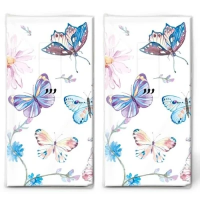 Afbeelding van 20 afzonderlijke zakdoeken diermotieven vlinders in blauw. 2 verpakkingen met 10 papieren zakdoekjes bedrukt als cadeau.