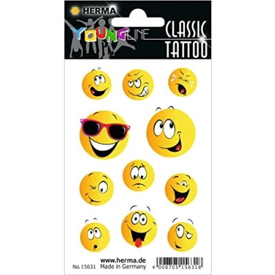 Afbeelding van HERMA 15631 Tijdelijke tatoeagestickers voor kinderen, Happy Face (11 stickers, transferfolie) zelfklevend, afwasbare kindertatoeages om op te plakken, meisjes en jongens, kleurrijk