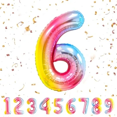 Afbeelding van Ballonnen verjaardag 6 jaar regenboog 101 cm ballon cijfer decoratie 6e vlinderdas met helium