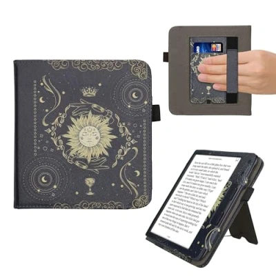 Afbeelding van kwmobile E reader hoesje geschikt voor Kobo Libra Colour hoes flip case van kunstleer Ereader cover met stand Tarotkaart design in donkerblauw / geel zwart