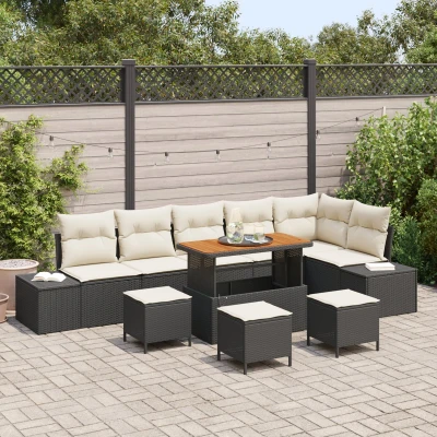 Afbeelding van vidaXL 10 Delige Tuin Sofa Set met Kussens Zwart Poly Rattan Acacia, 2 Zitter Rattan, 4 Delig Eet Acacia