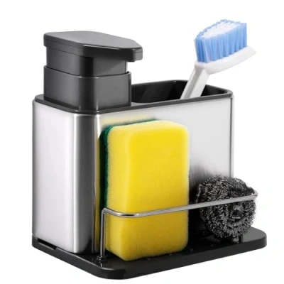 Afbeelding van MoonSing Spoelbak organizer, 3 in 1 keukenspoelbak Caddy, roestvrijstalen organizer met zeepdispenser, opbergvak en lekbak voor keukenspoelbakken of badkamerwas