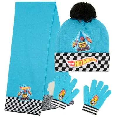 Afbeelding van Hot Wheels Jongens Beanie Hoed Sjaal en Handschoenen, Winter Accessoires Set Gift, Blauw, one size