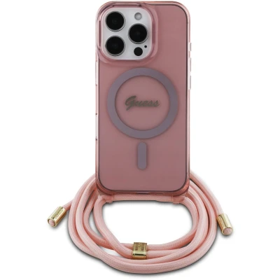 Afbeelding van Guess GUHMP16LHCTSGNSP iPhone 16 Pro 6,3&quot; różowy/roze hardcase Crossbody Cord Script MagSafe (Apple Pro), Smartphonehoes, Roze