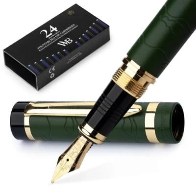 Afbeelding van Wordsworth &amp; Black Primori Vulpenset [groen goud]; medium penpunt, geschenkdoos, 24 inktpatronen, navulconverter, handleiding; journaling, kalligrafie, gladde schrijfpennen; links en rechtshandig