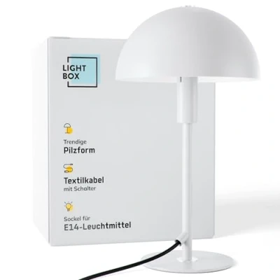 Afbeelding van Lightbox Pilz Tischlampe Home Office Schreibtischlampe mit Wipp Schalter LED Lampe als Nachttischlampe, Büro und Schreibtisch Zubehör E14 Fassung aus Metall in Weiß Silberfarben