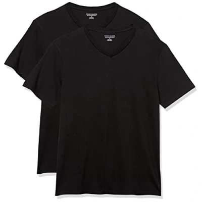 Afbeelding van Amazon Essentials Heren Slim Fit T shirt met korte mouwen en V hals, 2 stuks, zwart, maat L