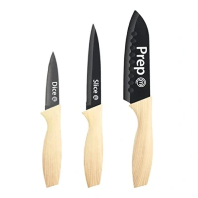 Afbeelding van MasterChef messen Set van 3 keukenmessen (chef kok, paring &amp; nut) Professioneel, extra scherp, roestvrijstalen met antiaanbaklaag en houtlook zachte aanraakgreep, natuurlijke collectie delig