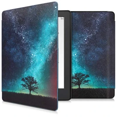Afbeelding van kwmobile E reader hoesje geschikt voor Kobo Aura H2O Edition 2 hoes flip case met magnetische sluiting Ereader cover Sterrenstelsel en Boom design in blauw / grijs zwart