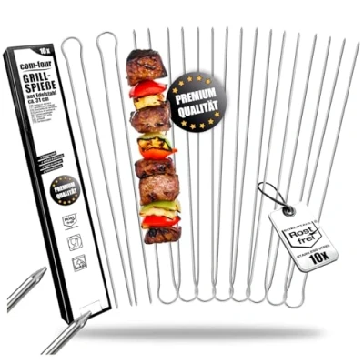 Afbeelding van COM FOUR® 10x grillspiesjes met handvat 31 cm BBQ dubbele spies van roestvrij staal 430 sjasliekspiesjes tanden voor het fixeren vlees, vis, groenten (10 stuks RVS rond)