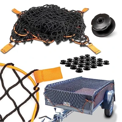 Afbeelding van CargoVA® Intelligent aanhangwagennet rekbaar 1x2 tot 2x3 M elastisch zwart met rubber koord, 20 zeilhaken en hoekmarkering voor perfecte ladingzekering