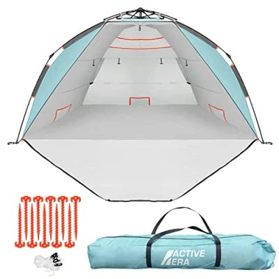 Afbeelding van Active Era Luxe Strandtent UPF 50+ Bescherming tegen UV stralen van de Zon 4 persoons Tent, Gemakkelijk Opvouwen, Compacte Draagtas Wind en Zonbescherming, Strand, Camping, incl Haringen