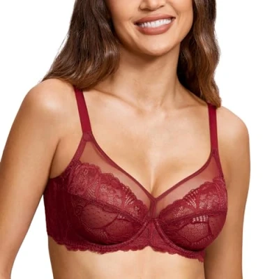 Afbeelding van DOBREVA Dames Kant Minimizer BH met beugel Grote Borsten Sexy Volledige cups Ongevoerd Chinees rood 90C