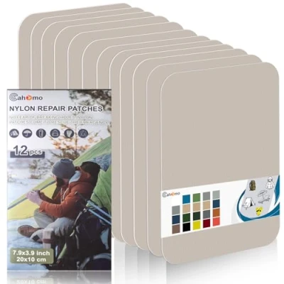 Afbeelding van Cahomo Nylon reparatiepatches, 12 stuks, 20 x 10 cm, zelfklevend, waterdichte nylon, voor jassen, tenten, bovenkleding, beige en wit