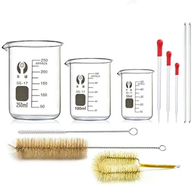 Afbeelding van JESSTOLO Borosilicaatglazen Set, 3 Stuks Dik Glas Gegradueerd Bekerglas Met Transparante Schenktuit 50ml, 100ml, 250ml, Glazen Pipetten, Wasborstel en 2 Staafjes, Voor Laboratoriumonderzoek