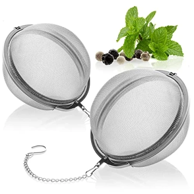 Afbeelding van COM FOUR® 2x theezeef van RVS 304 grote thee ei voor losse thee, kruiden en specerijen fijnmazige theefilter met ketting kruidenzeef (2 stuks 7,5 cm Ø)