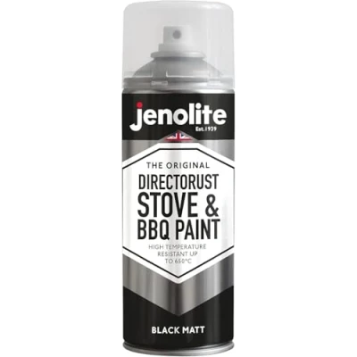 Afbeelding van JENOLITE Directorust Kachel &amp; BBQ spuitusver ZWART Zeer hoge temperatuurbestendig tot 650 C BBQ&#039;s, kachels, schoorstenen, automobiel, brandschermen en randen 400ml