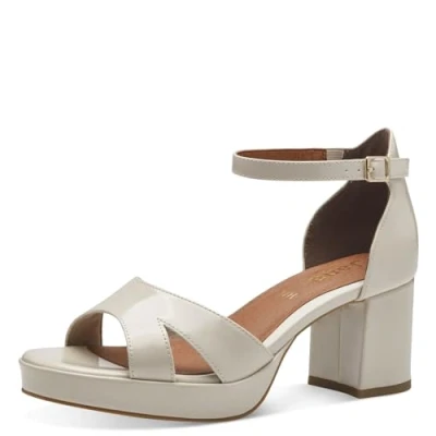 Afbeelding van Jana Softline 8 28367 42 409 Beige Patent Haksandalen voor dames, comfortabele extra brede alledaagse schoen, feestelijk, elegant, met hak, 36 EU breed, patent, Breed