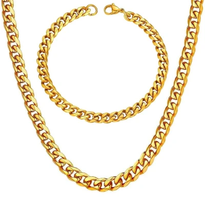 Afbeelding van Ketting + Armband Set Cuban Link Dikke Schakel Goud kleurig 5mm Kettingen Armbanden Sieraden Heren Cadeau voor Man