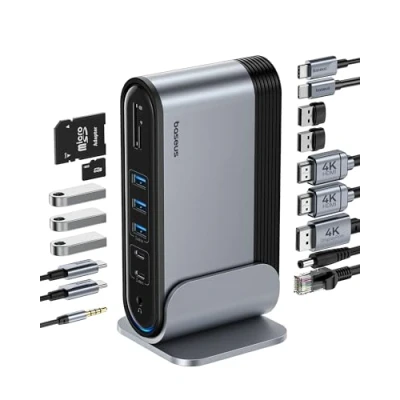Afbeelding van Baseus 17 in 1 USB C dockingstation, 4K HDMI, 2 DP*1 voor overdracht naar 3 monitoren met 100 W PD aansluiting, 3.0 x 3, LAN, SD/TF kaartlezer, audio hub Windows,