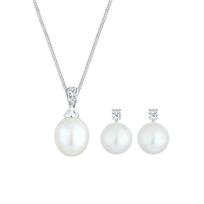 Afbeelding van DIAMORE Sieradenset dames oorstekers zoetwaterparel met Diamant (0,11 ct.) in 925 sterling zilver, 45 cm, Facetgeslepen,