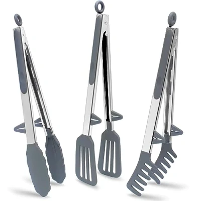 Afbeelding van Tang om te koken, 30,5 cm keukentang met siliconen tips, voedselveilige serveertang, set van 3, grijs