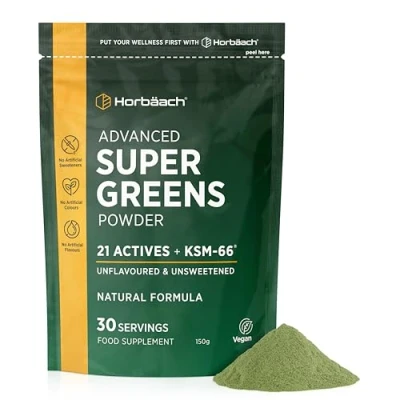 Afbeelding van Supergreens Powder 150g van 21 Actieve Ingrediënten Met Vitamine D3, B6, Biotine, Apelpoeder, Tarwegraspoeder en meer Horbaach
