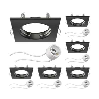 Afbeelding van ledscom.de 6 st. plafondinbouwraam RIR inbouwraam zwart mat hoekig (LED/Halogeen/GU10/MR16/PAR16/50mm) incl. GU10 fitting