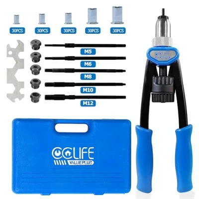 Afbeelding van CCLIFE Professionele klinknagel voor blindklinknagels, gereedschap, klinknagel, pistoolset met 150 klinknagels, M5, M6, M8, M10 M12 (elk 30 stuks)