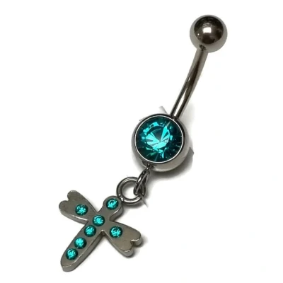 Afbeelding van Chirurgisch stalen navelpiercing met hanger kruisje zee blauw zirkonia zilverkleurig