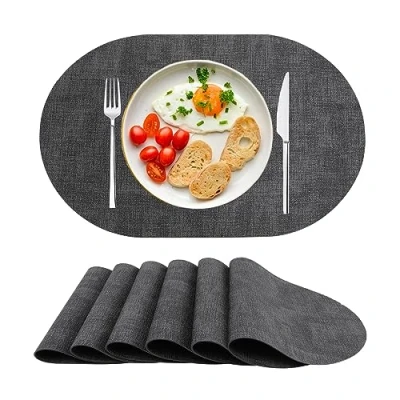 Afbeelding van placemat Afwasbare placemats van PU leer, hittebestendig, antislip, set 6 voor eettafel, keuken, Kerstmis zwart