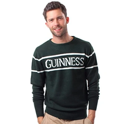 Afbeelding van Gezellige trui met witte lijnen en Guinness inscriptie Comfortabele flessengroene sweater voor heren, groen, XL