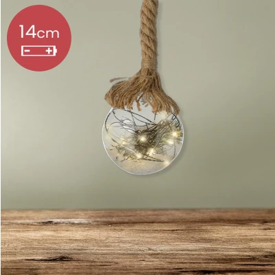 Afbeelding van Kerstbal met jute touw en 30 LED lampjes 14cm Helder glas