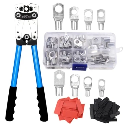 Afbeelding van Accukabelschoen, krimptang, grote batterijkabelset, 10 1/0 AWG, kabelschoenen, 6/10/16/25/35/50 mm², met 8 maten, 60 stuks koperen ringklemmen + krimpkousen