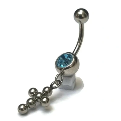 Afbeelding van Chirurgisch stalen navelpiercing met hanger kruisje bolletjes blauw