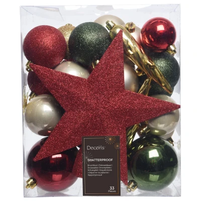 Afbeelding van Decoris Kerstballen Mix Kerstboomversiering Goud Groen Rood 33 stuks 9 Assortiment