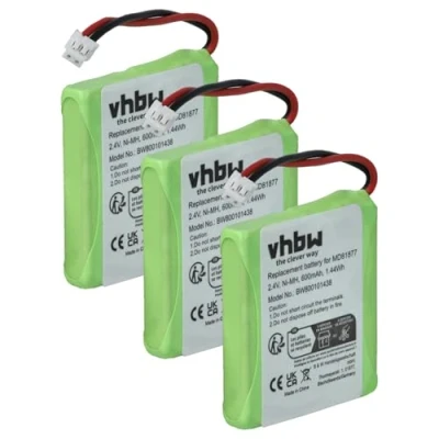 Afbeelding van vhbw 3 x accu compatibel met Medion MD81877, MD82877, MD82772, MD82711 draadloze vaste telefoon (600 mAh, 2,4 V, NiMH)