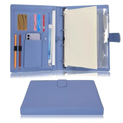 Afbeelding van Wonderpool A4 PU lederen 4 ringhouder, schrijfportfolio, multi documentenetui met afneembaar klembord en functionele zak voor organizer, kantoor, reizen, school (blauw)