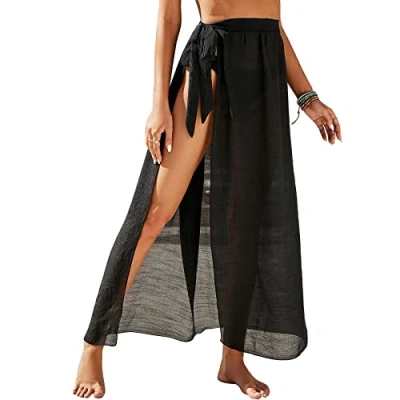 Afbeelding van sarong voor dames, pareo strandvakantie, lange strandjurk, zomer, bikini, cover up, chiffon, badpak, wikkelrok, strandrok, vrouwen, meisjes, zijbandjes, strandkleding, zwart, Eén maat