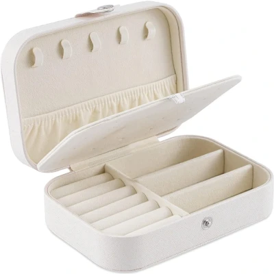 Afbeelding van Reissieradendoos PU leer Dames kleine Sieradenopbergdoos Dubbellaags draagbare sieradendoos Geschikt voor oorbellen, ringen, kettingen, armbanden (wit)