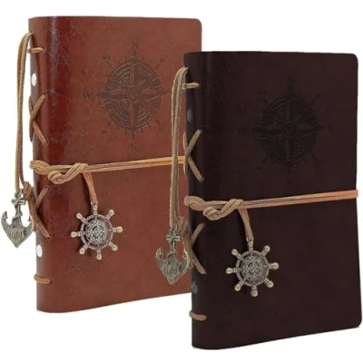 Afbeelding van BetterJonny Leren notitieboek, A7, 2 stuks, retro notitieboek van leer, vintage spiraalbinding, dagboek, navulbaar reisdagboek, schetsboek voor mannen en vrouwen, koffie bruin