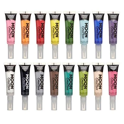 Afbeelding van Moon Creations Gezichts en lichaamsverftubes met kwastapplicator, 15 ml, gebruiksklaar, dierproefvrij, gezichtskleur, kostuums, feesten, Halloween, voor kinderen, volwassenen, set van 16 stuks