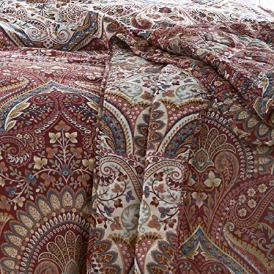 Afbeelding van Dreams &amp; Drapes Kastanjebruine Jacobean bloemen sprei (230 x 195cm) Donkerrood traditionele dekbedovertrek mauve Perzische sprei/gewatteerde deken Vintage rode dekbed