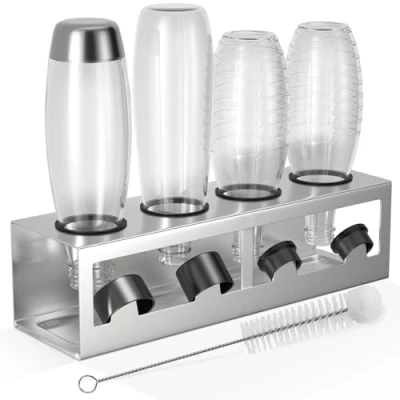 Afbeelding van HOMMAND Flessenhouder voor Sodastream Flessen, Flashhouder Crystal en Emil 4 Flessen Afdruiprek, Houder Inclusief Siliconen Beschermringen, Lekbak Dekselhouder, Zilver