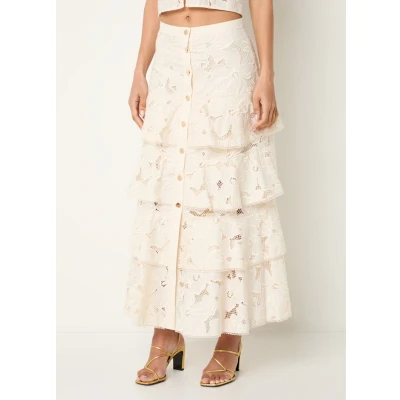 Afbeelding van Sandro dames Maxi rok met opengewerkt dessin in de kleur Beige, maat: 34