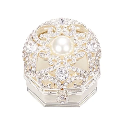 Afbeelding van BEAUTY NEST Dubbele ringdoos voor huwelijksceremonie, trouwringdoos ceremonie, verlovingsringdozen voorstel, vintage bruiloft, witte aanzoeksdoos, kristallen