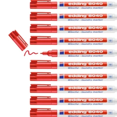 Afbeelding van edding 8040 wasgoedmarker rood 10 stuks ronde punt 1 mm textielstift wasmachinebestendig (95 C) voor het markeren van kleding textielmarker