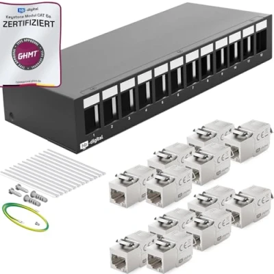 Afbeelding van HB DIGITAL 12 poorts patchpaneel, patchveld, verdelerveld, 1U, 12x CAT 6a RJ45, Keystone Jack module, GHMT gecertificeerd, volledig afgeschermd, STP 10 Gbps, compatibel met installatiekabel,