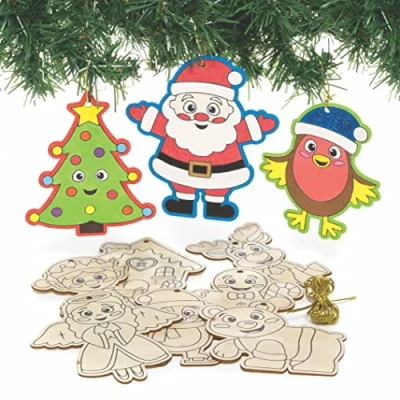 Afbeelding van Baker Ross FC189 houten kerstballen decoraties pak van 12, kerstversieringen, maak je eigen versieringen, houtwerk om in te kleuren en versieren